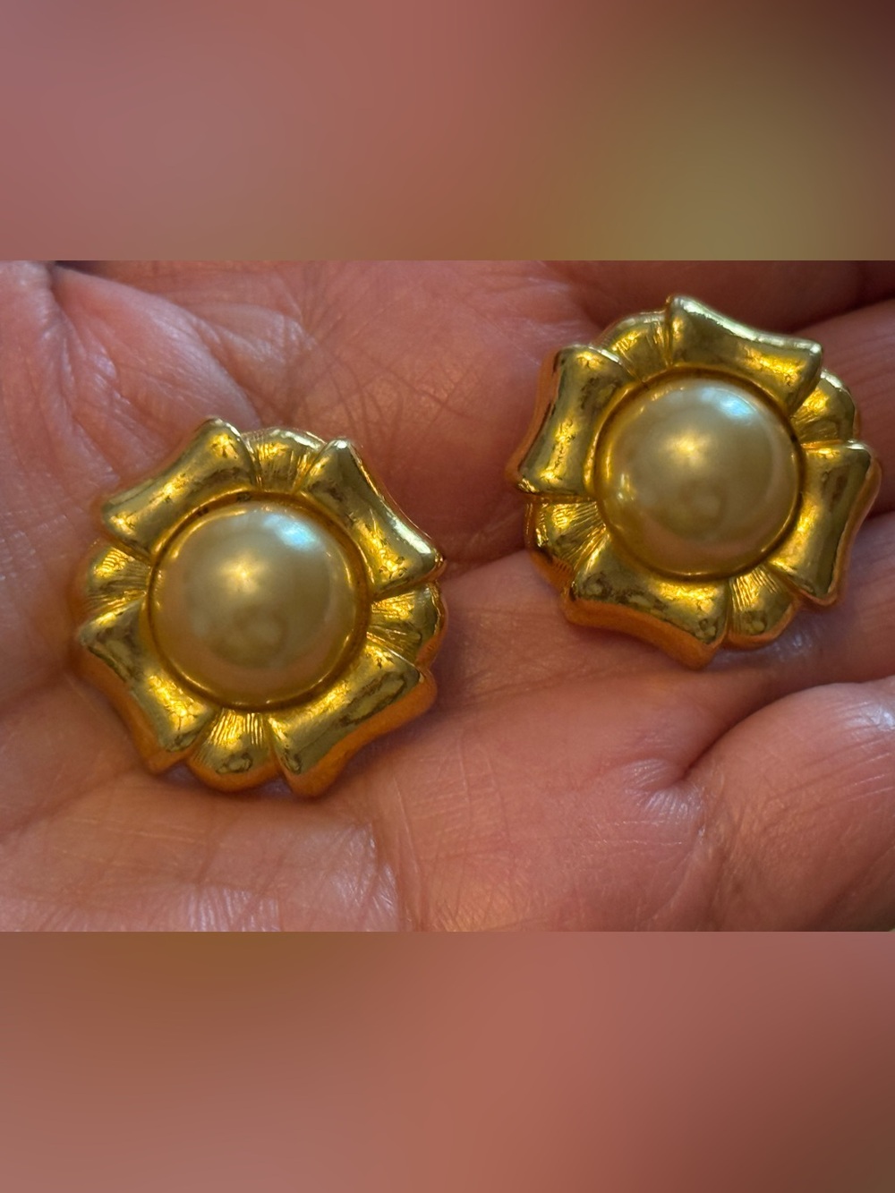 Gold-Tone Pearl Center Flower Clip-On Earrings